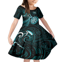 Personalised New Zealand Darts Family Matching Summer Maxi Dress and Hawaiian Shirt Happiness Is A Tight Threesome Maori Turquoise LT14 Daughter's Dress Turquoise - Polynesian Pride