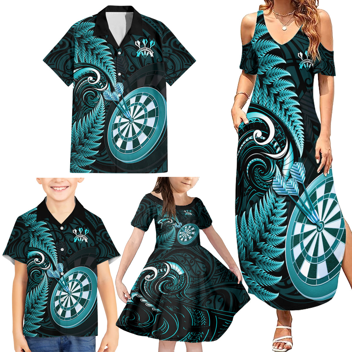 personalised-new-zealand-darts-family-matching-summer-maxi-dress-and-hawaiian-shirt-happiness-is-a-tight-threesome-maori-turquoise