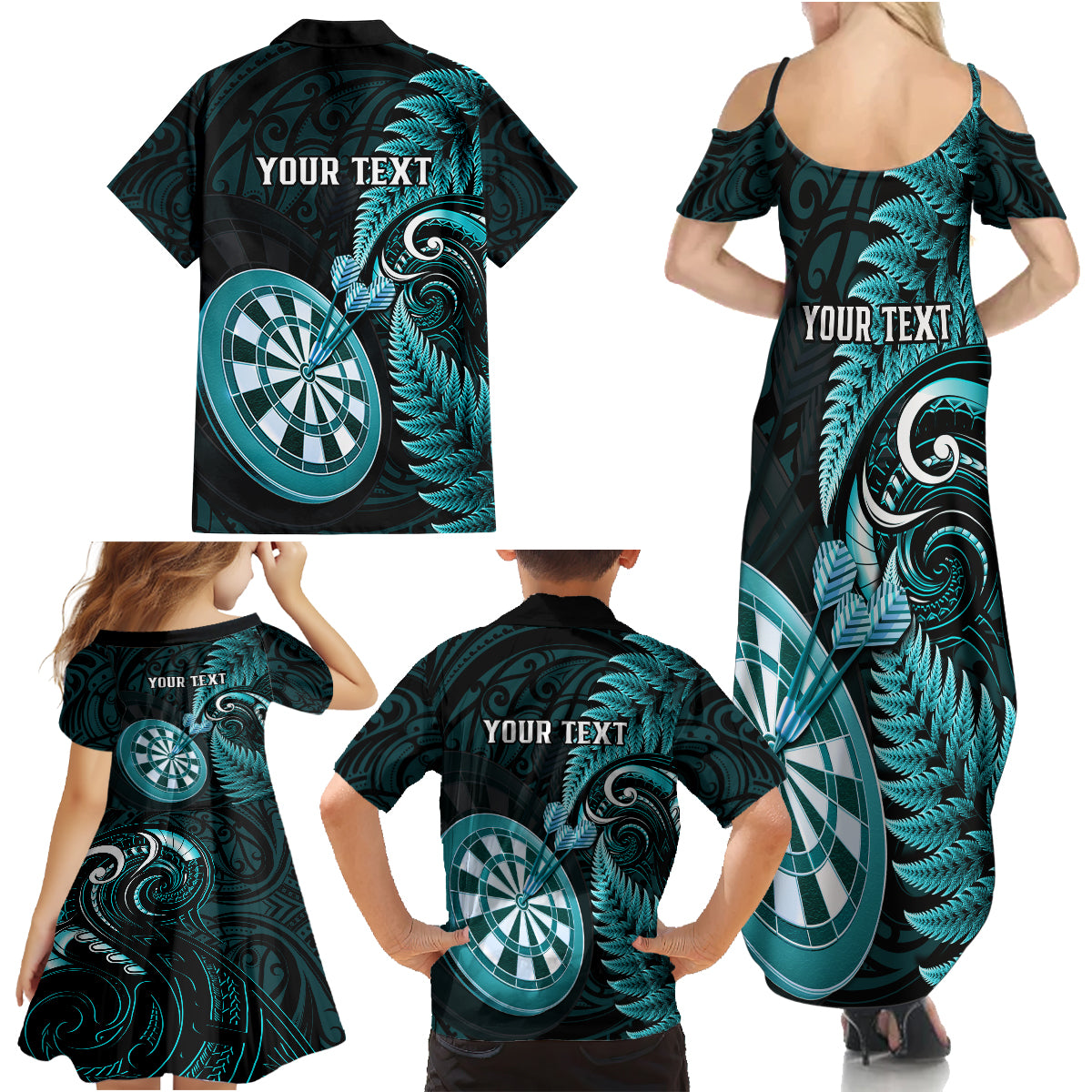Personalised New Zealand Darts Family Matching Summer Maxi Dress and Hawaiian Shirt Happiness Is A Tight Threesome Maori Turquoise LT14 - Polynesian Pride