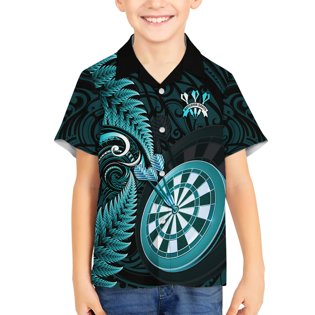 Personalised New Zealand Darts Family Matching Summer Maxi Dress and Hawaiian Shirt Happiness Is A Tight Threesome Maori Turquoise LT14 Son's Shirt Turquoise - Polynesian Pride