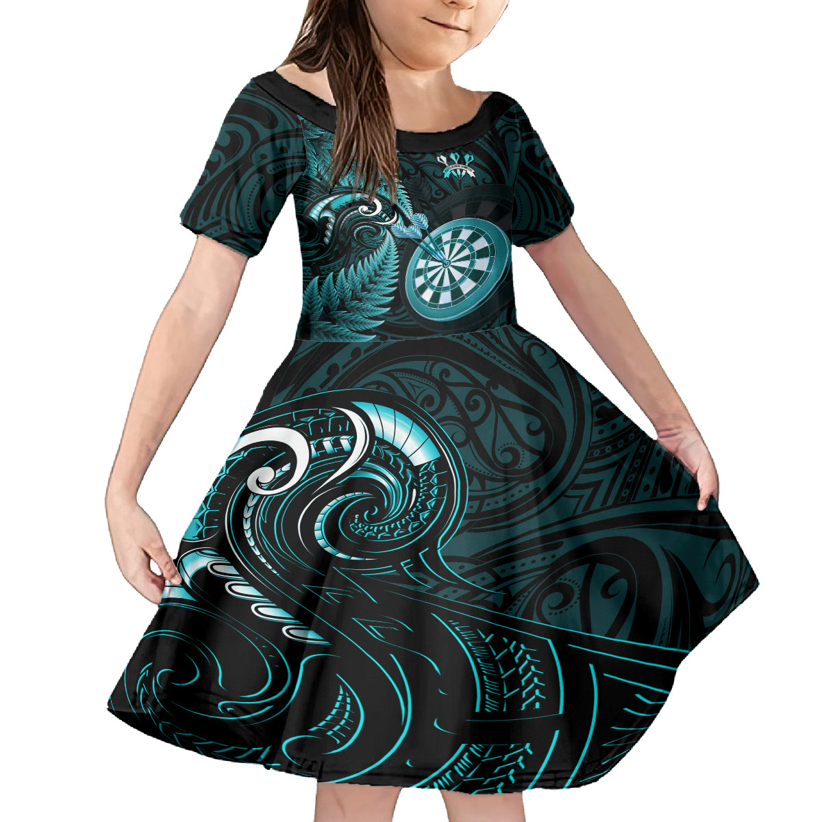 personalised-new-zealand-darts-kid-short-sleeve-dress-happiness-is-a-tight-threesome-maori-turquoise