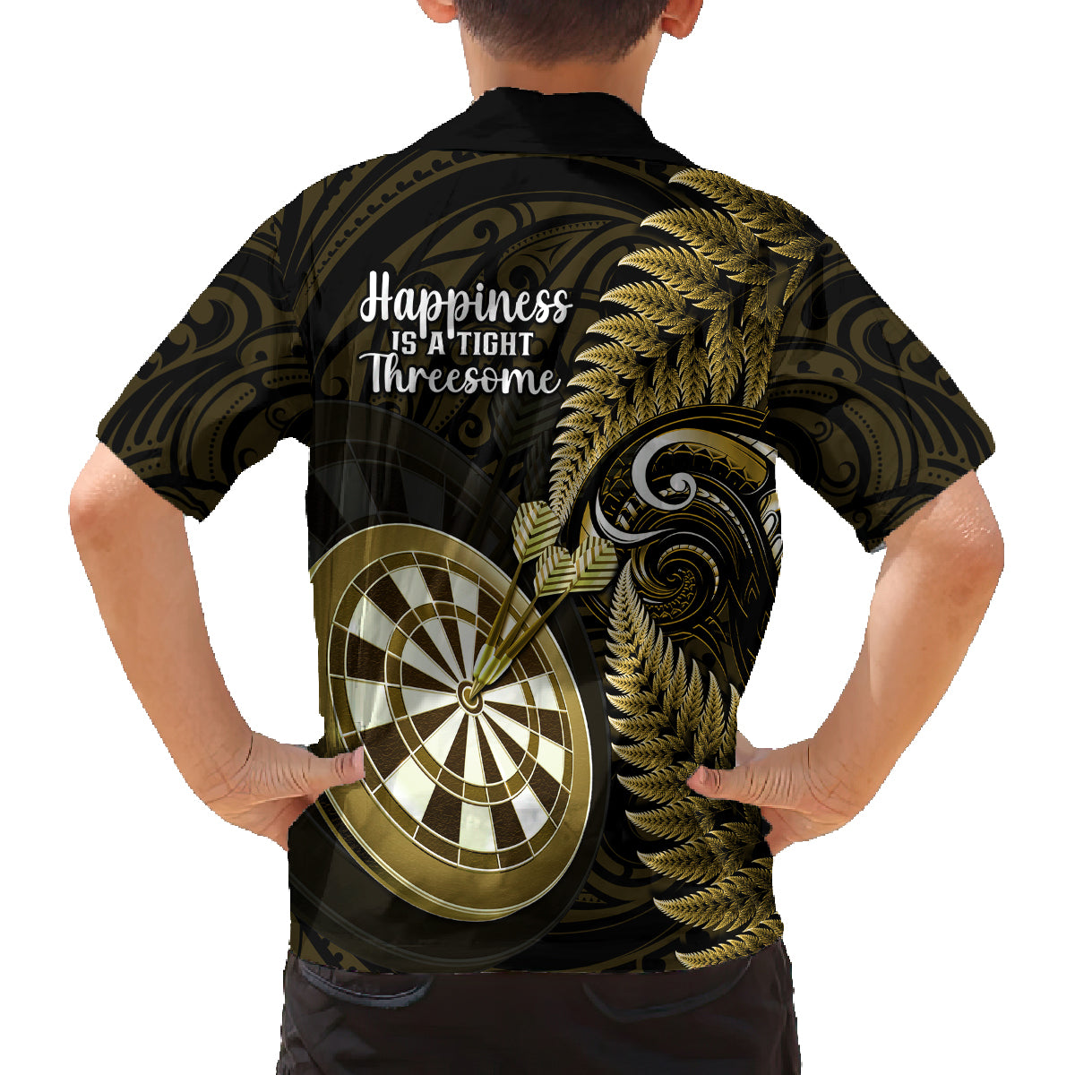 New Zealand Darts Family Matching Summer Maxi Dress and Hawaiian Shirt Happiness Is A Tight Threesome Maori Gold LT14 - Polynesian Pride