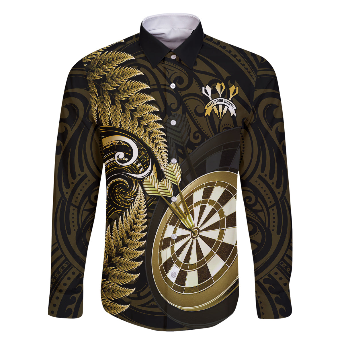 New Zealand Darts Family Matching Summer Maxi Dress and Hawaiian Shirt Happiness Is A Tight Threesome Maori Gold LT14 Dad's Shirt - Long Sleeve Gold - Polynesian Pride