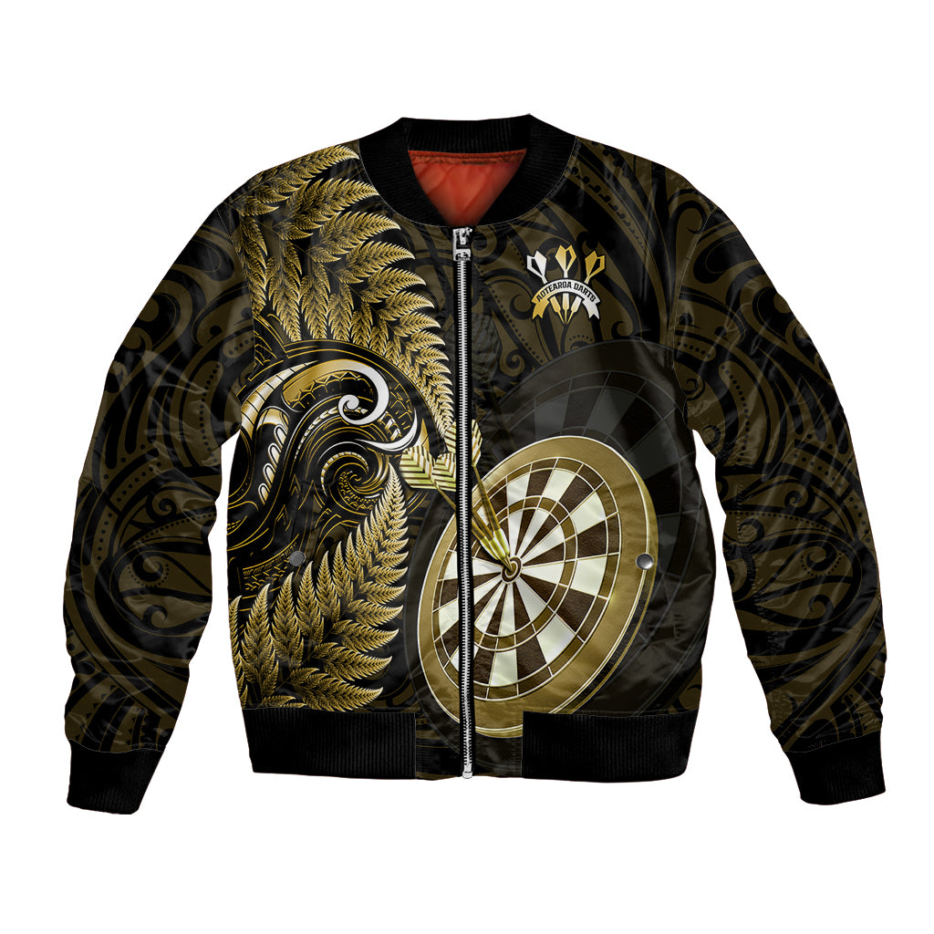 Personalised New Zealand Darts Bomber Jacket Happiness Is A Tight Threesome Maori Gold LT14 Unisex Gold - Polynesian Pride