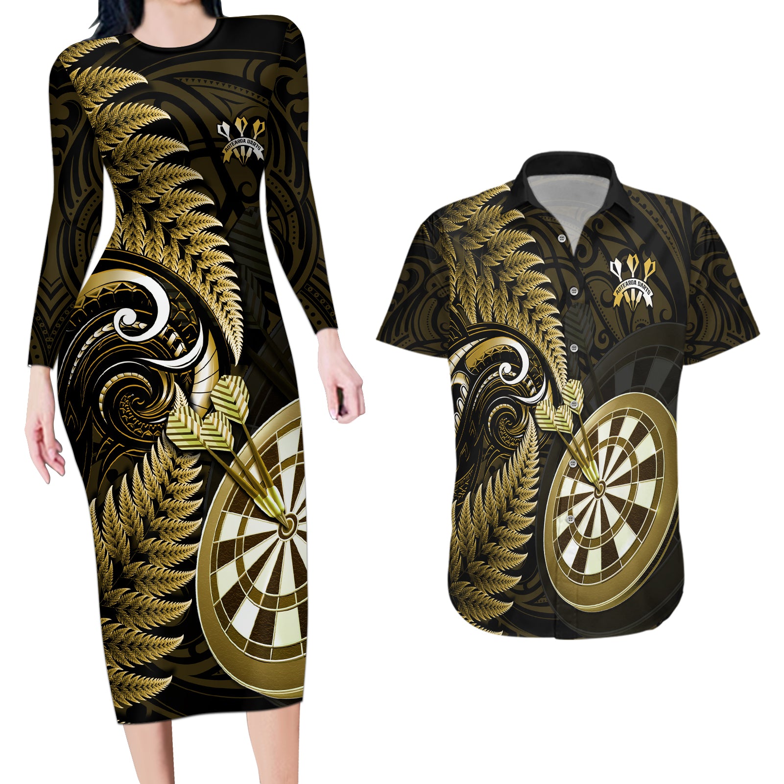 Personalised New Zealand Darts Couples Matching Long Sleeve Bodycon Dress and Hawaiian Shirt Happiness Is A Tight Threesome Maori Gold LT14 Gold - Polynesian Pride