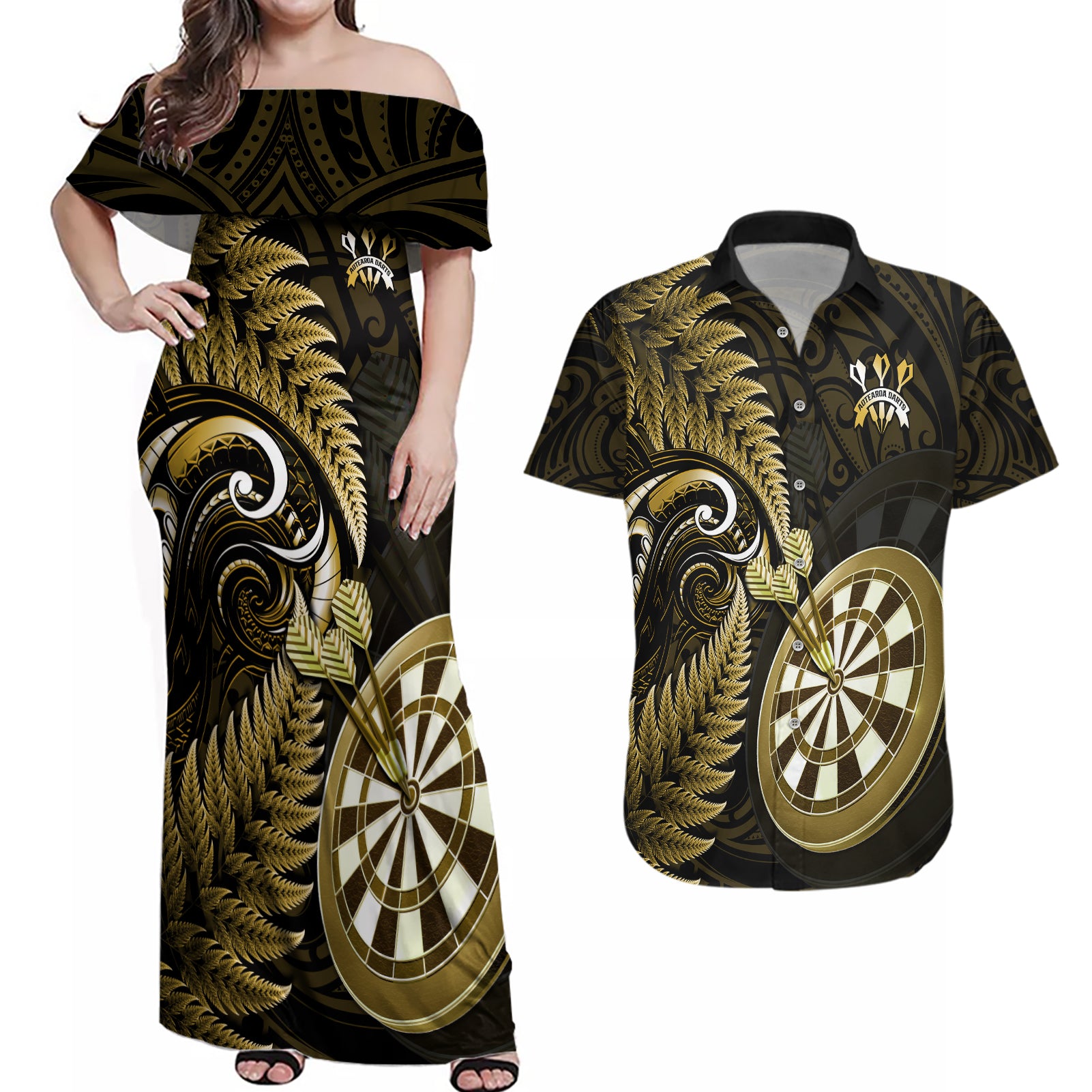 Personalised New Zealand Darts Couples Matching Off Shoulder Maxi Dress and Hawaiian Shirt Happiness Is A Tight Threesome Maori Gold LT14 Gold - Polynesian Pride