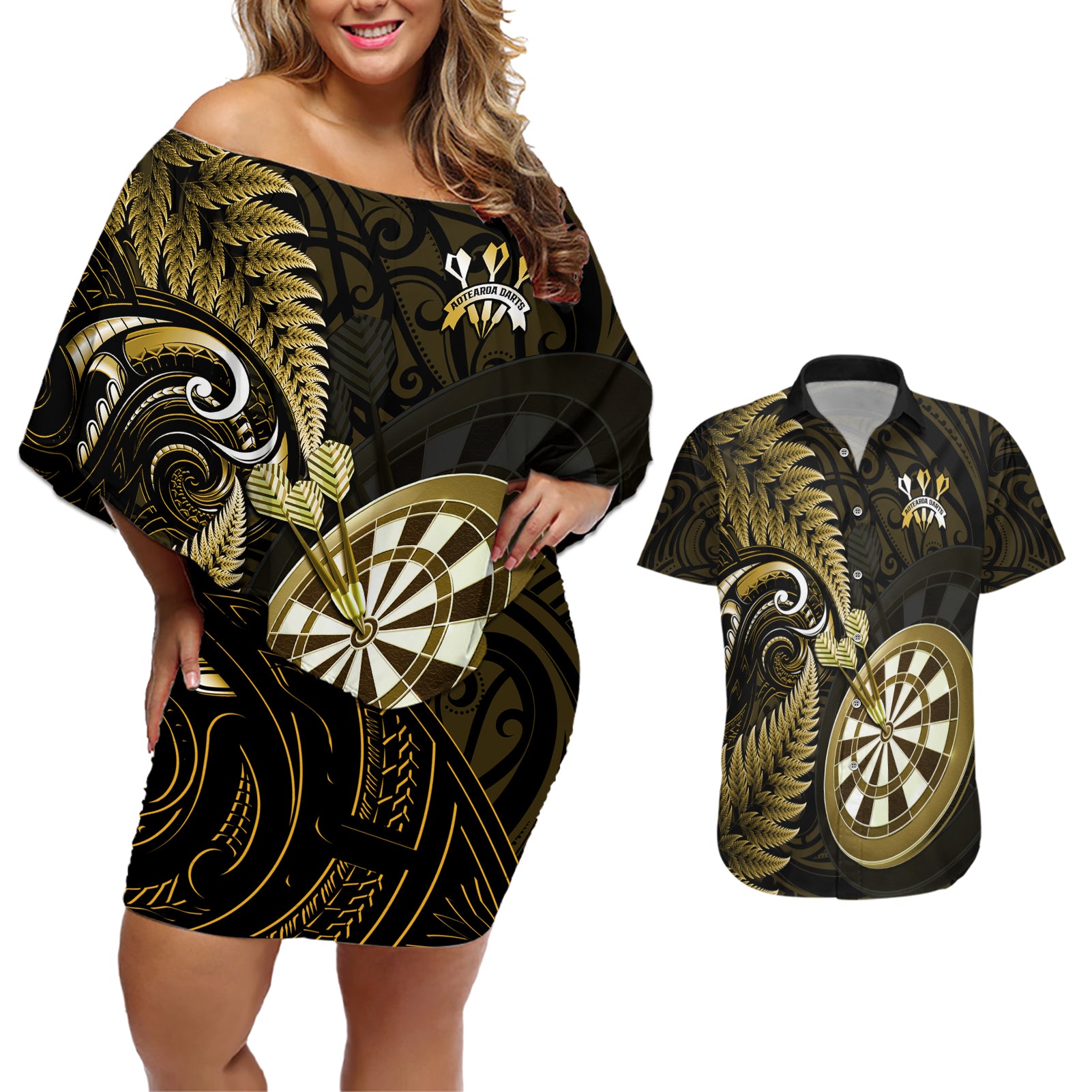 Personalised New Zealand Darts Couples Matching Off Shoulder Short Dress and Hawaiian Shirt Happiness Is A Tight Threesome Maori Gold LT14 Gold - Polynesian Pride