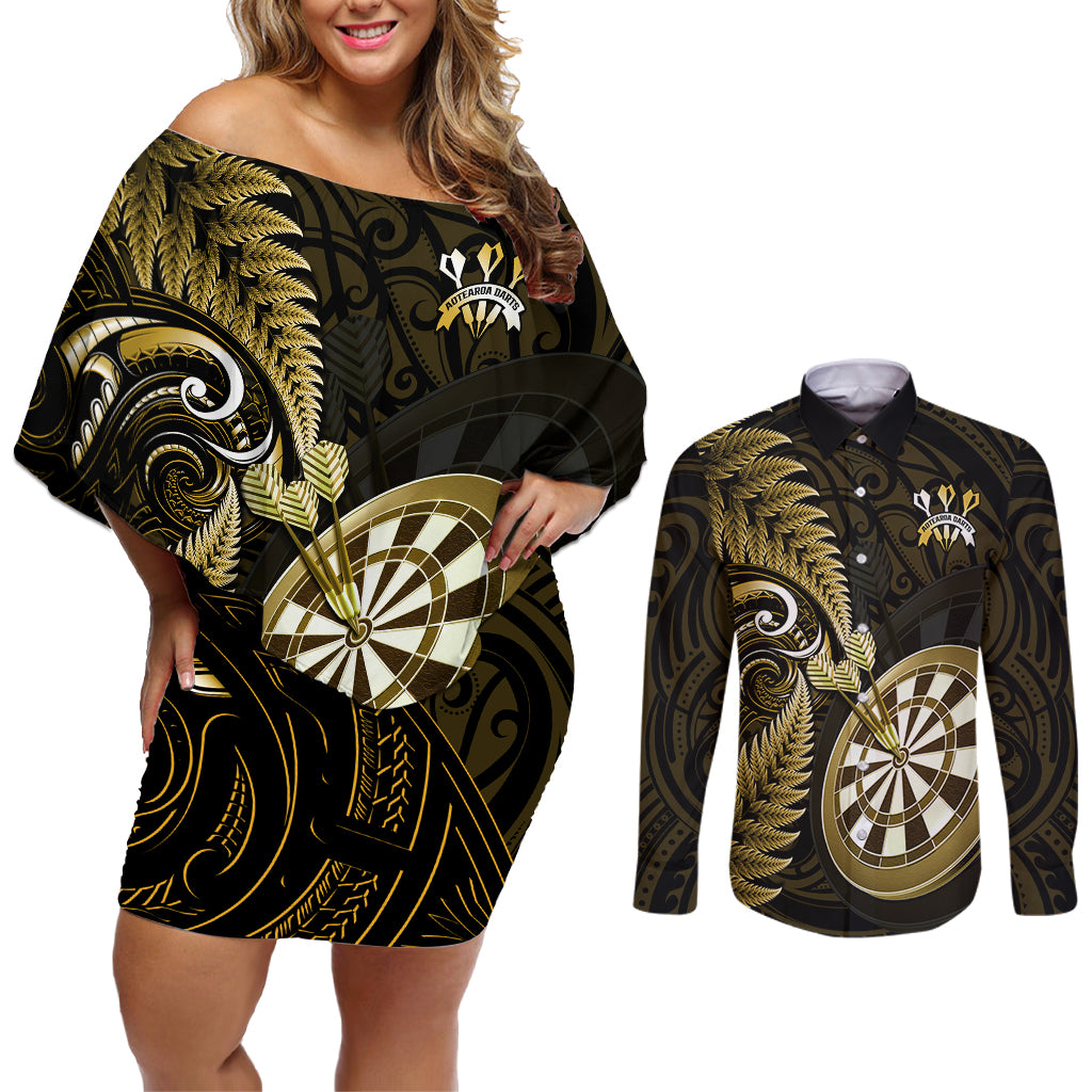 Personalised New Zealand Darts Couples Matching Off Shoulder Short Dress and Long Sleeve Button Shirts Happiness Is A Tight Threesome Maori Gold LT14 Gold - Polynesian Pride