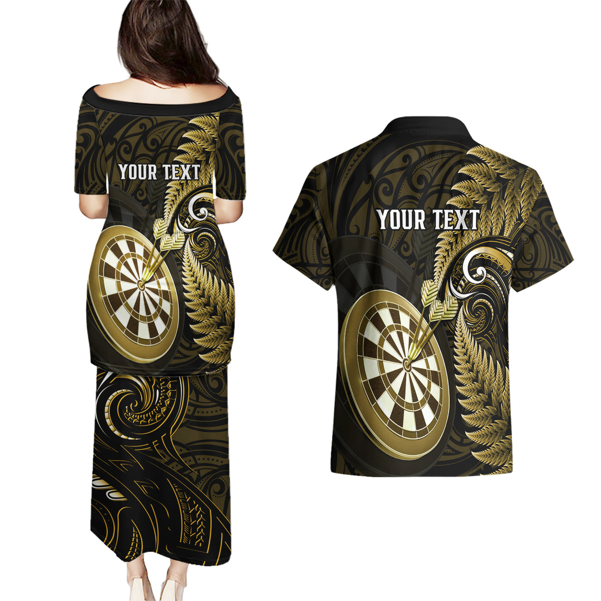 Personalised New Zealand Darts Couples Matching Puletasi Dress and Hawaiian Shirt Happiness Is A Tight Threesome Maori Gold LT14 - Polynesian Pride