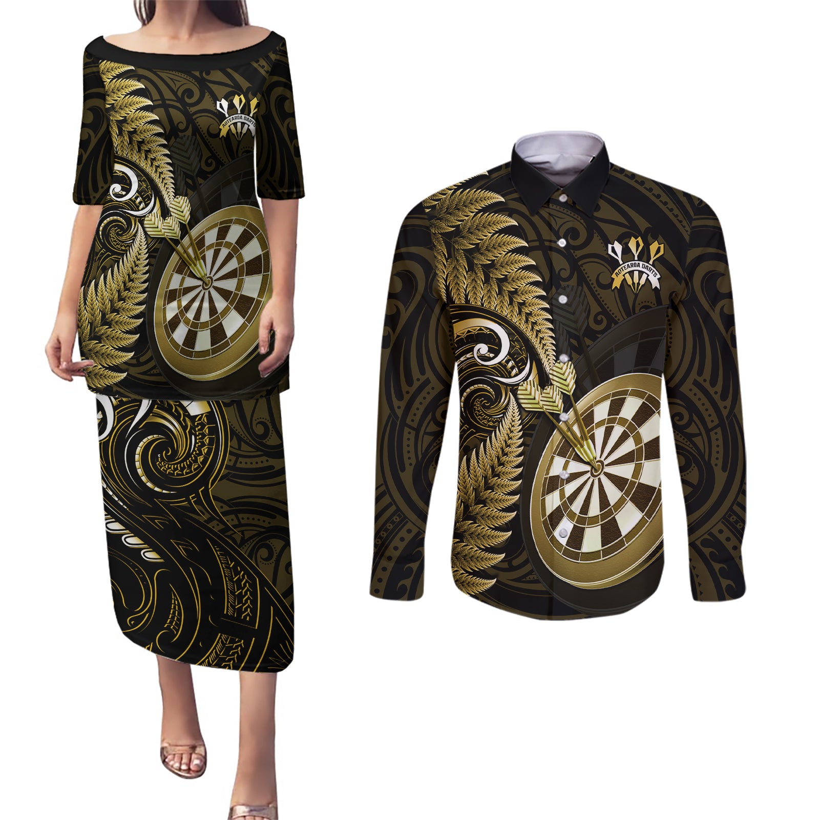 Personalised New Zealand Darts Couples Matching Puletasi Dress and Long Sleeve Button Shirts Happiness Is A Tight Threesome Maori Gold LT14 Gold - Polynesian Pride