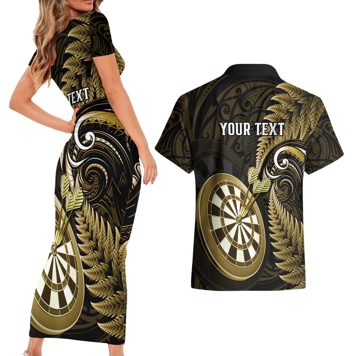 Personalised New Zealand Darts Couples Matching Short Sleeve Bodycon Dress and Hawaiian Shirt Happiness Is A Tight Threesome Maori Gold LT14 - Polynesian Pride