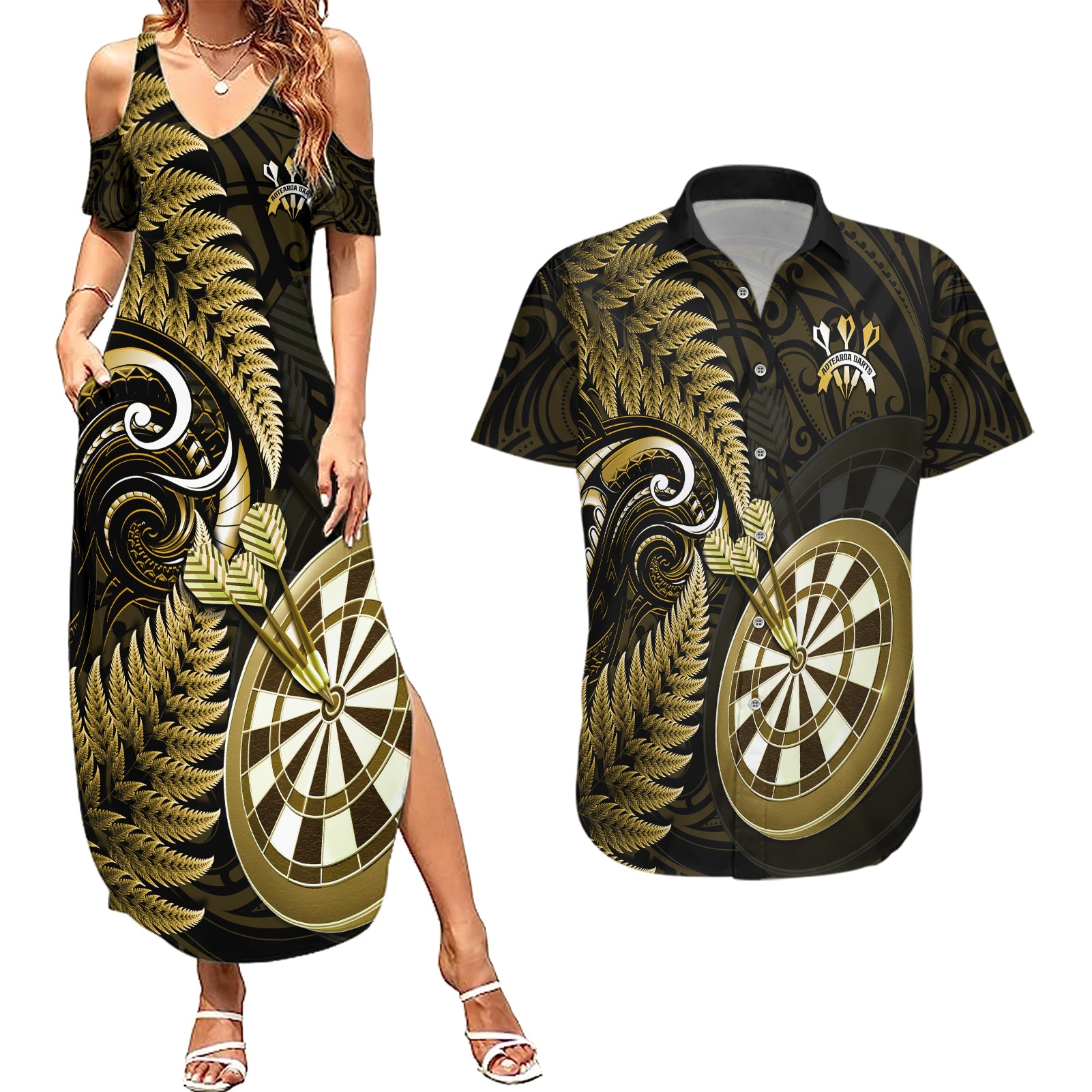 Personalised New Zealand Darts Couples Matching Summer Maxi Dress and Hawaiian Shirt Happiness Is A Tight Threesome Maori Gold LT14 Gold - Polynesian Pride