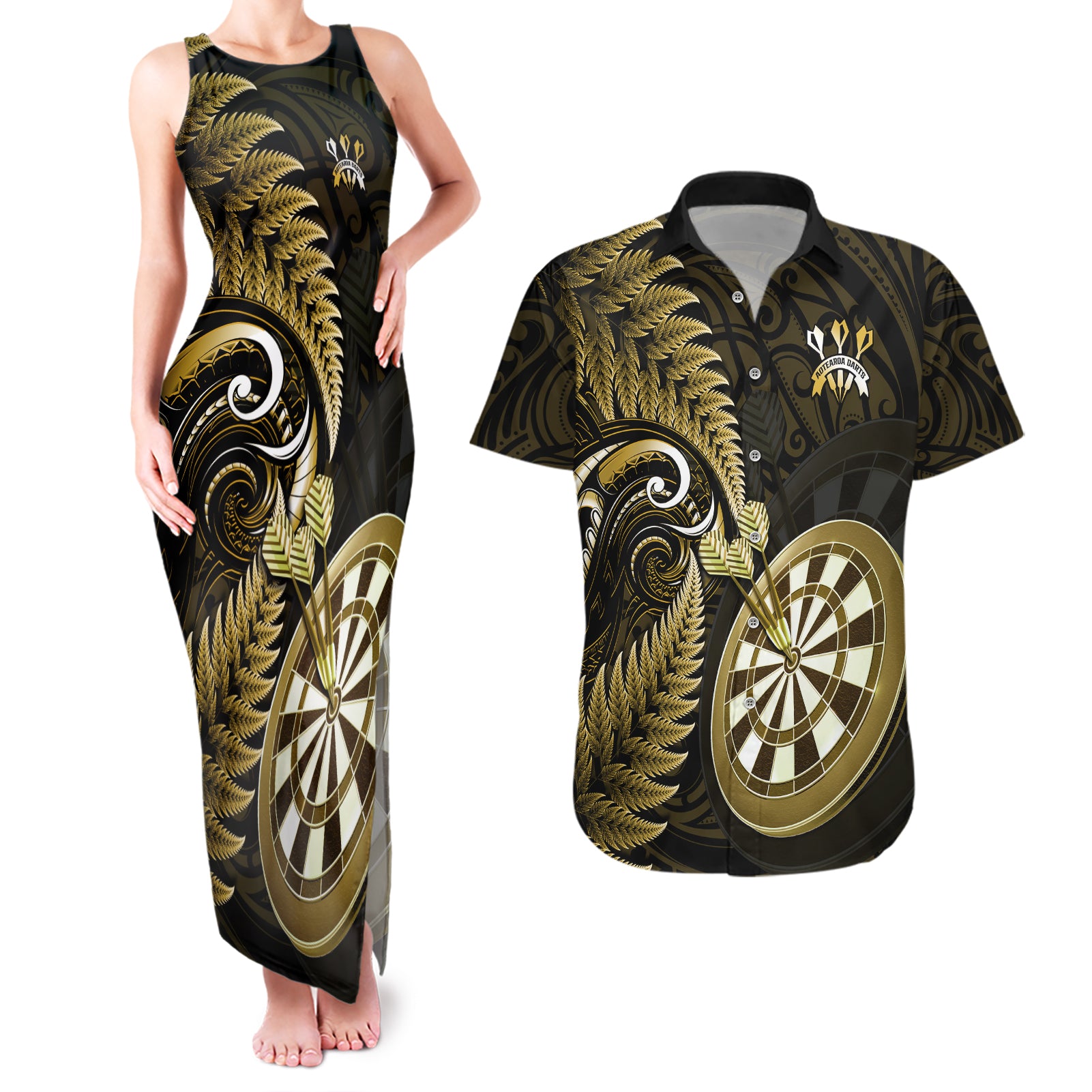 Personalised New Zealand Darts Couples Matching Tank Maxi Dress and Hawaiian Shirt Happiness Is A Tight Threesome Maori Gold LT14 Gold - Polynesian Pride