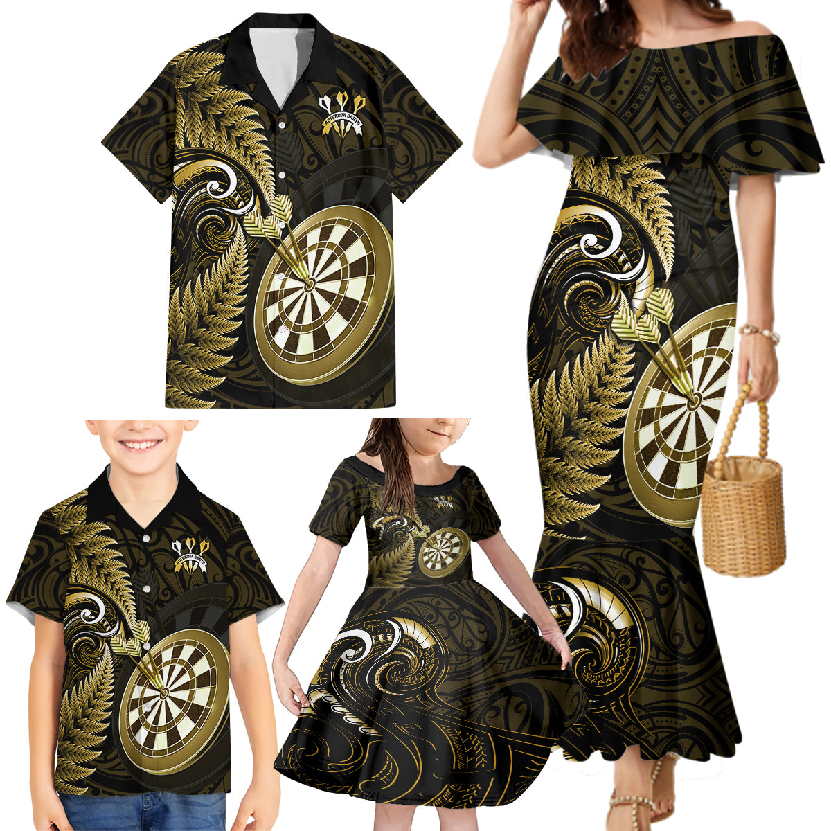 Personalised New Zealand Darts Family Matching Mermaid Dress and Hawaiian Shirt Happiness Is A Tight Threesome Maori Gold LT14 - Polynesian Pride