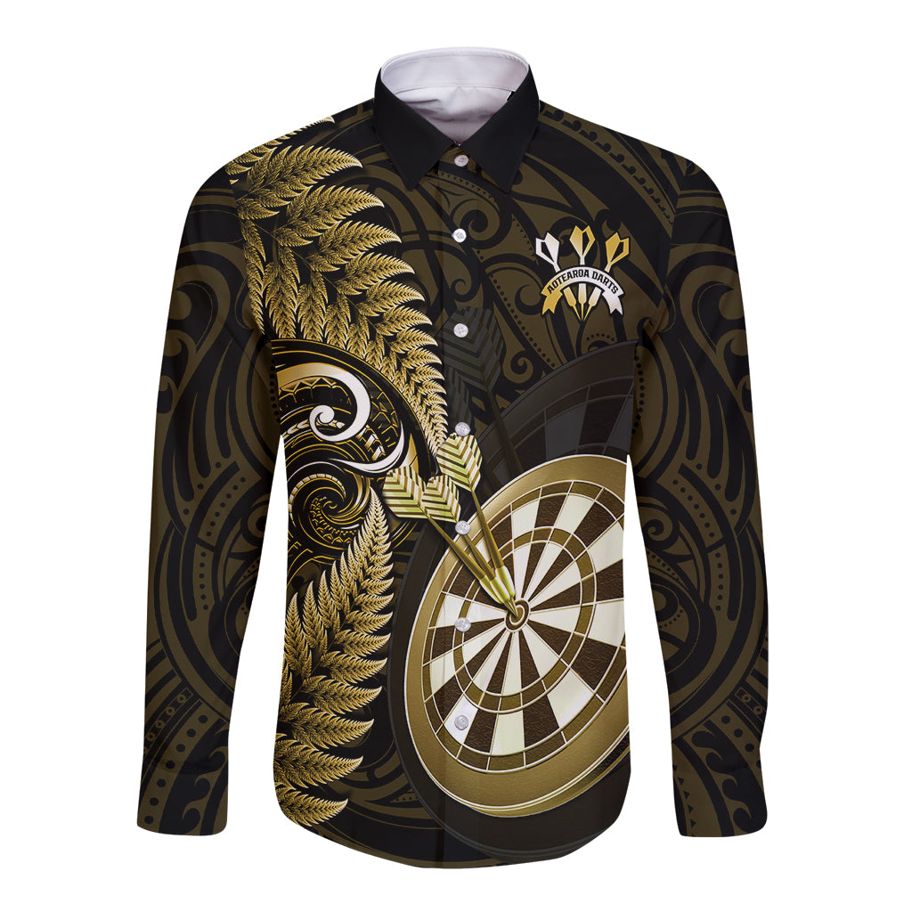 Personalised New Zealand Darts Long Sleeve Button Shirt Happiness Is A Tight Threesome Maori Gold LT14 Unisex Gold - Polynesian Pride