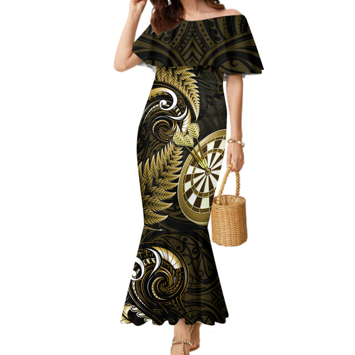 Personalised New Zealand Darts Mermaid Dress Happiness Is A Tight Threesome Maori Gold LT14 Women Gold - Polynesian Pride