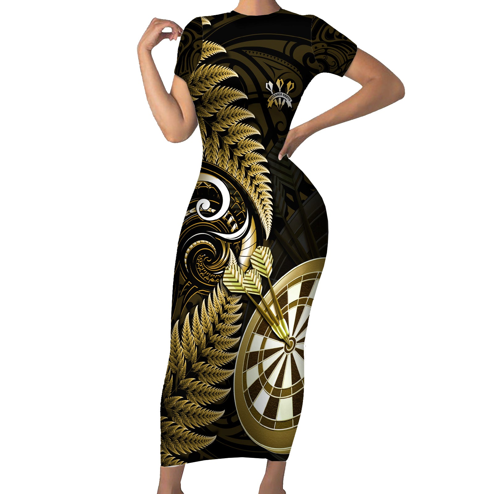 Personalised New Zealand Darts Short Sleeve Bodycon Dress Happiness Is A Tight Threesome Maori Gold LT14 Long Dress Gold - Polynesian Pride