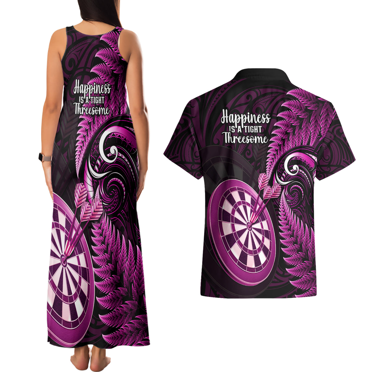 New Zealand Darts Couples Matching Tank Maxi Dress and Hawaiian Shirt Happiness Is A Tight Threesome Maori Pink LT14 - Polynesian Pride
