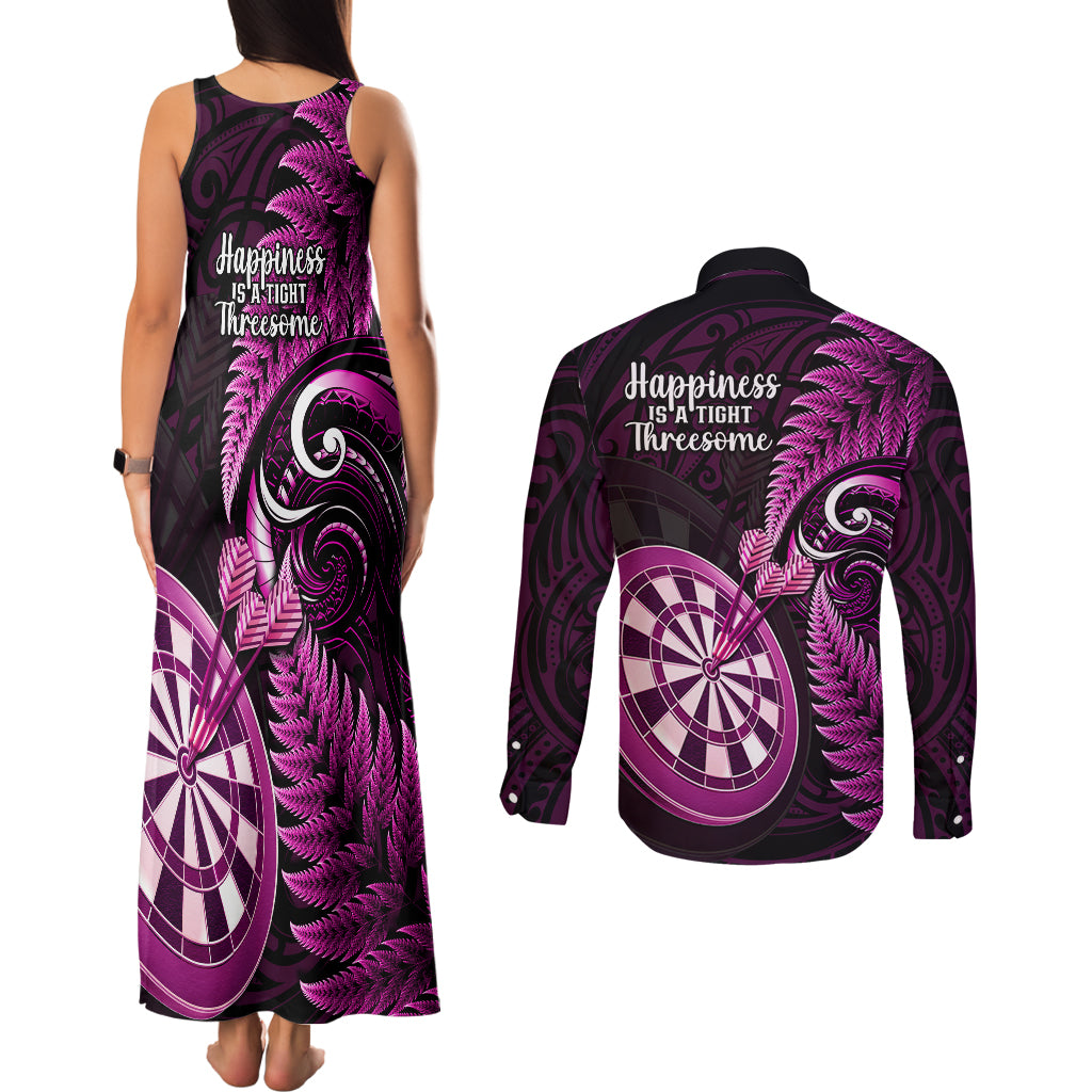 New Zealand Darts Couples Matching Tank Maxi Dress and Long Sleeve Button Shirts Happiness Is A Tight Threesome Maori Pink LT14 - Polynesian Pride