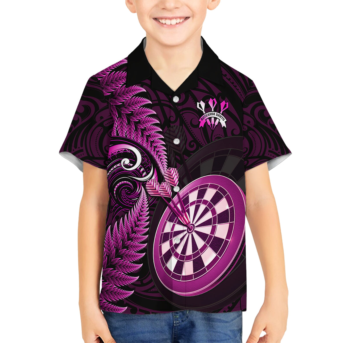 New Zealand Darts Family Matching Tank Maxi Dress and Hawaiian Shirt Happiness Is A Tight Threesome Maori Pink LT14 Son's Shirt Pink - Polynesian Pride