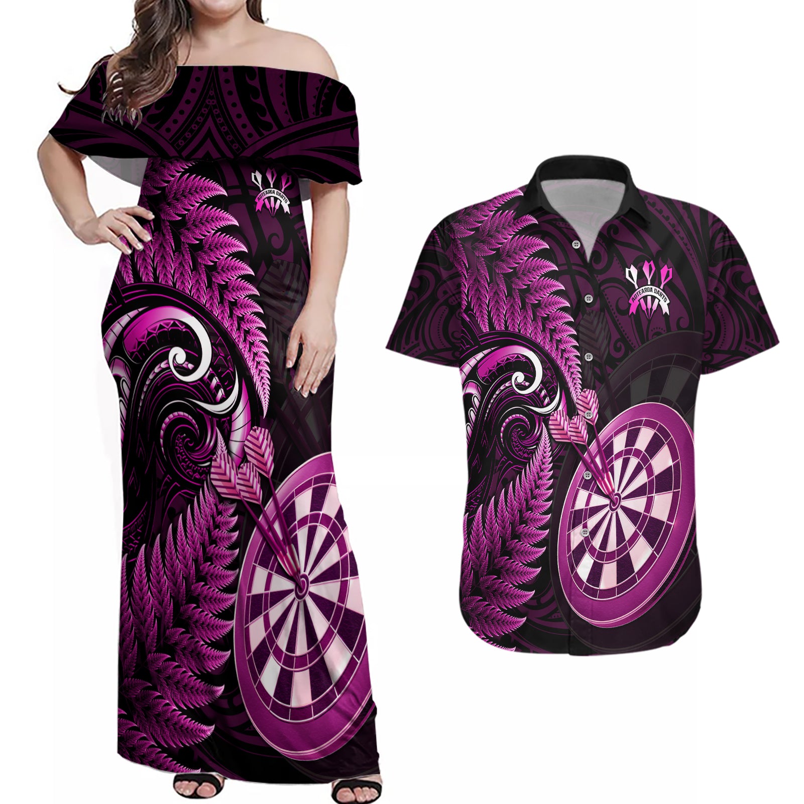 Personalised New Zealand Darts Couples Matching Off Shoulder Maxi Dress and Hawaiian Shirt Happiness Is A Tight Threesome Maori Pink LT14 Pink - Polynesian Pride