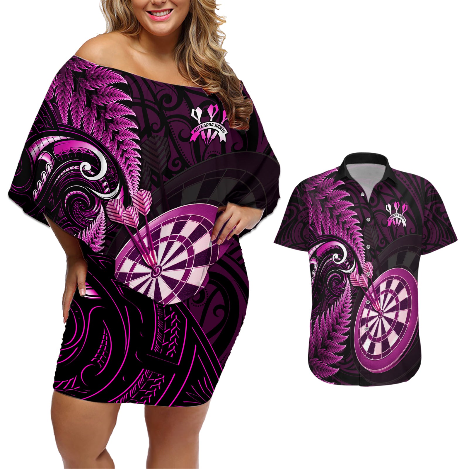 Personalised New Zealand Darts Couples Matching Off Shoulder Short Dress and Hawaiian Shirt Happiness Is A Tight Threesome Maori Pink LT14 Pink - Polynesian Pride