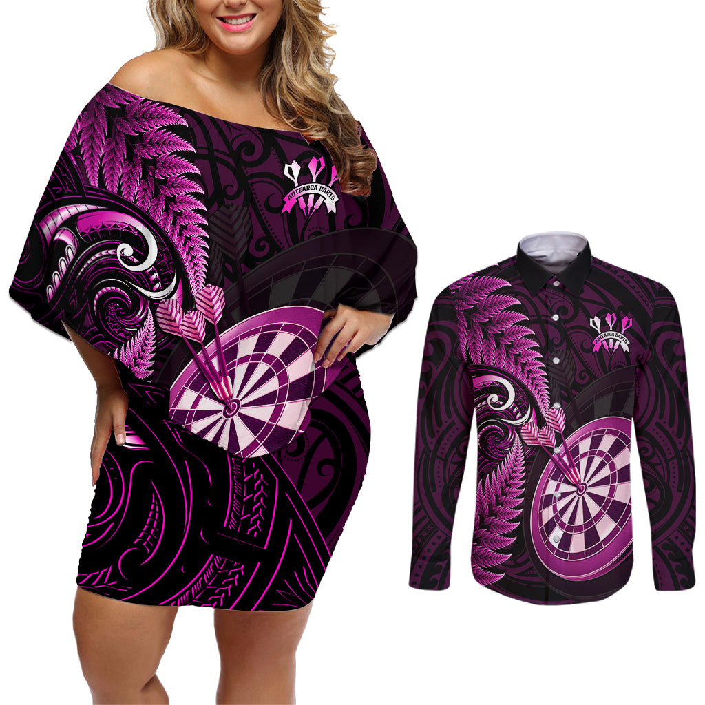 Personalised New Zealand Darts Couples Matching Off Shoulder Short Dress and Long Sleeve Button Shirts Happiness Is A Tight Threesome Maori Pink LT14 Pink - Polynesian Pride