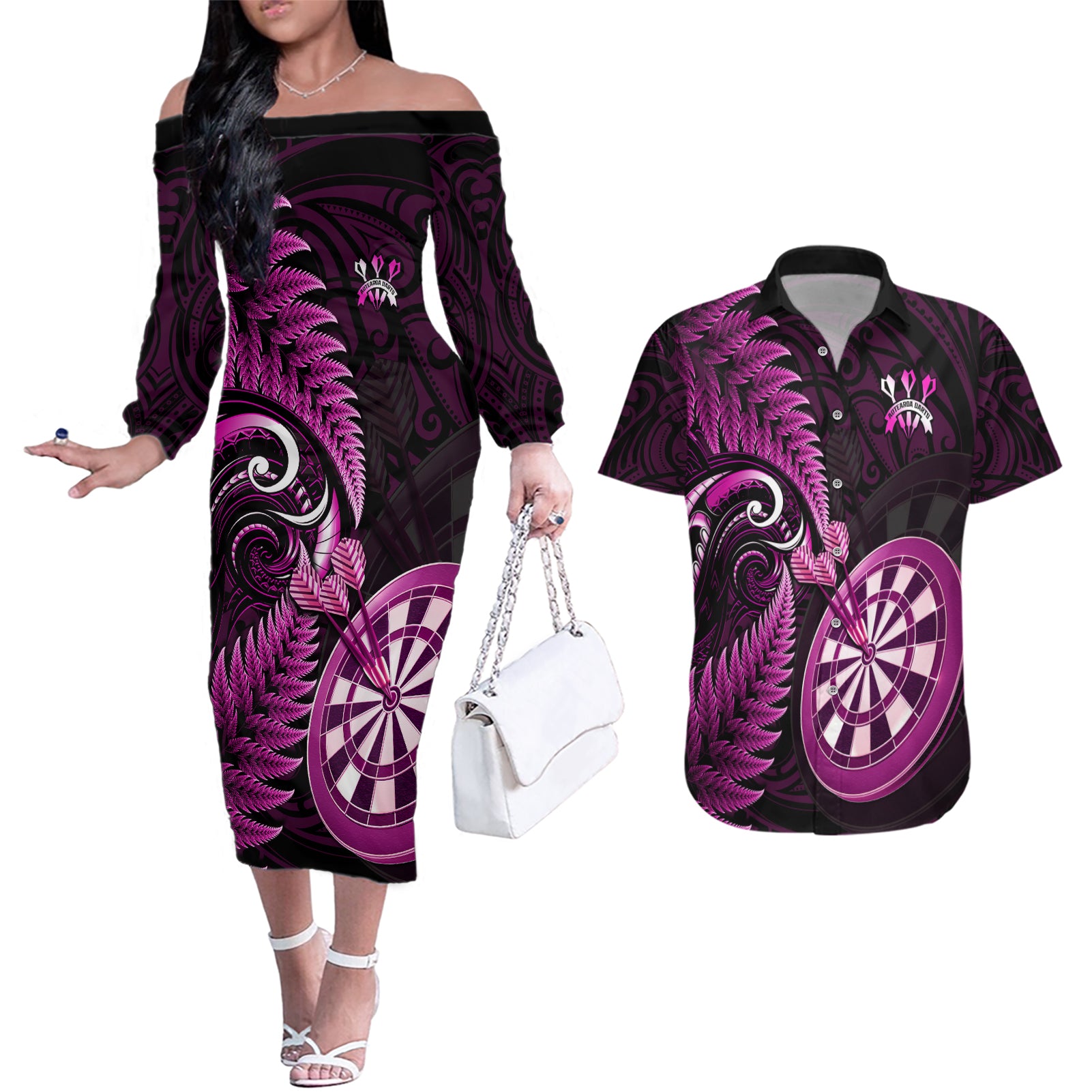 Personalised New Zealand Darts Couples Matching Off The Shoulder Long Sleeve Dress and Hawaiian Shirt Happiness Is A Tight Threesome Maori Pink LT14 Pink - Polynesian Pride