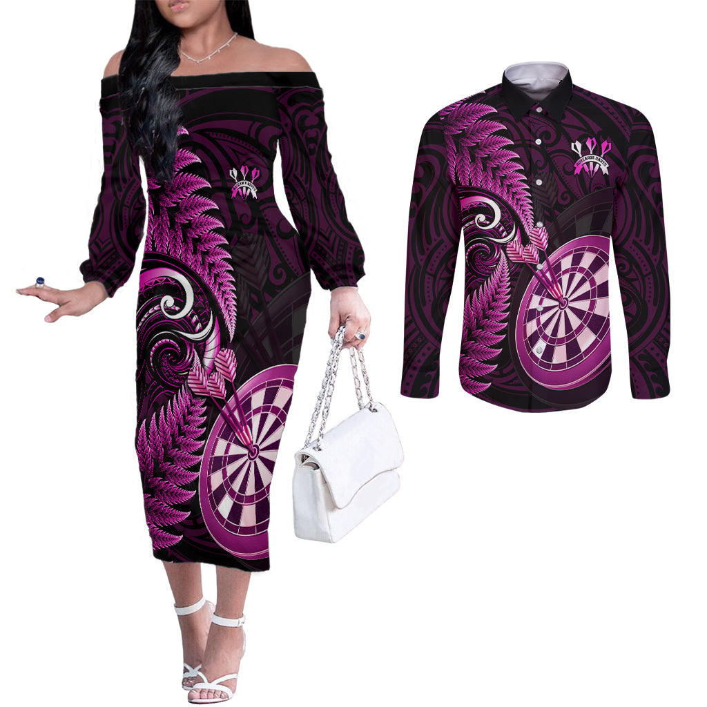 Personalised New Zealand Darts Couples Matching Off The Shoulder Long Sleeve Dress and Long Sleeve Button Shirts Happiness Is A Tight Threesome Maori Pink LT14 Pink - Polynesian Pride