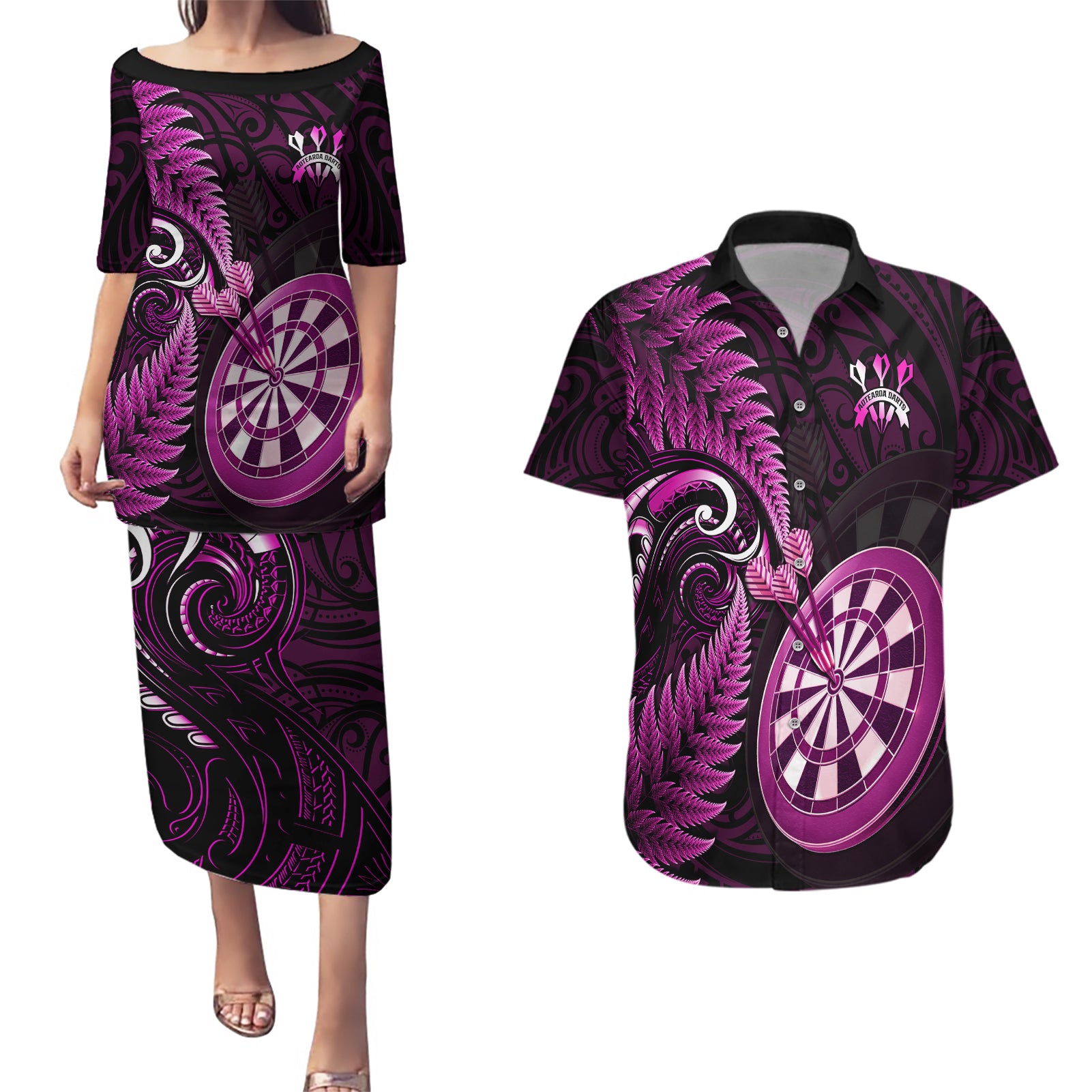 Personalised New Zealand Darts Couples Matching Puletasi Dress and Hawaiian Shirt Happiness Is A Tight Threesome Maori Pink LT14 Pink - Polynesian Pride