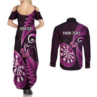 Personalised New Zealand Darts Couples Matching Summer Maxi Dress and Long Sleeve Button Shirts Happiness Is A Tight Threesome Maori Pink LT14 - Polynesian Pride