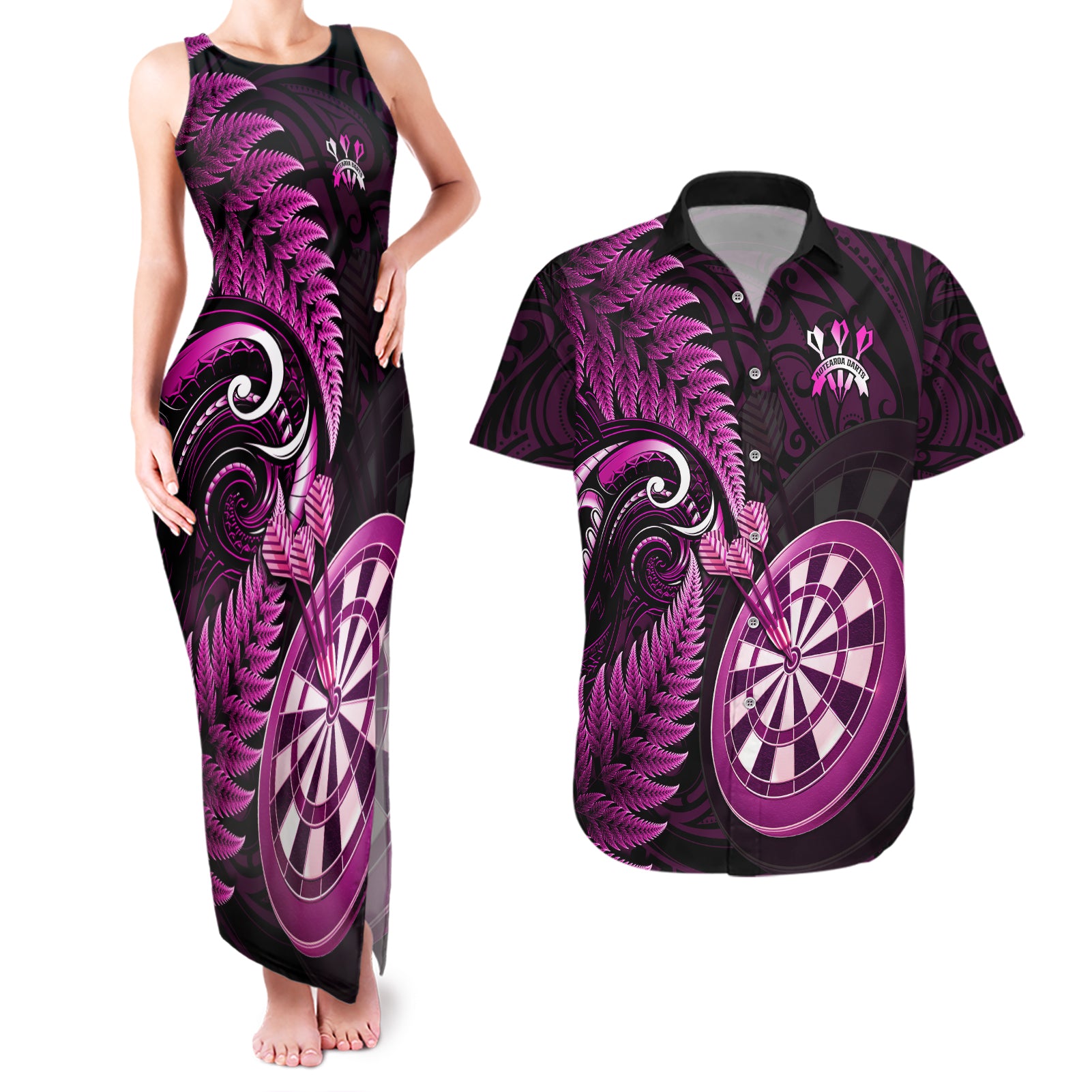 Personalised New Zealand Darts Couples Matching Tank Maxi Dress and Hawaiian Shirt Happiness Is A Tight Threesome Maori Pink LT14 Pink - Polynesian Pride