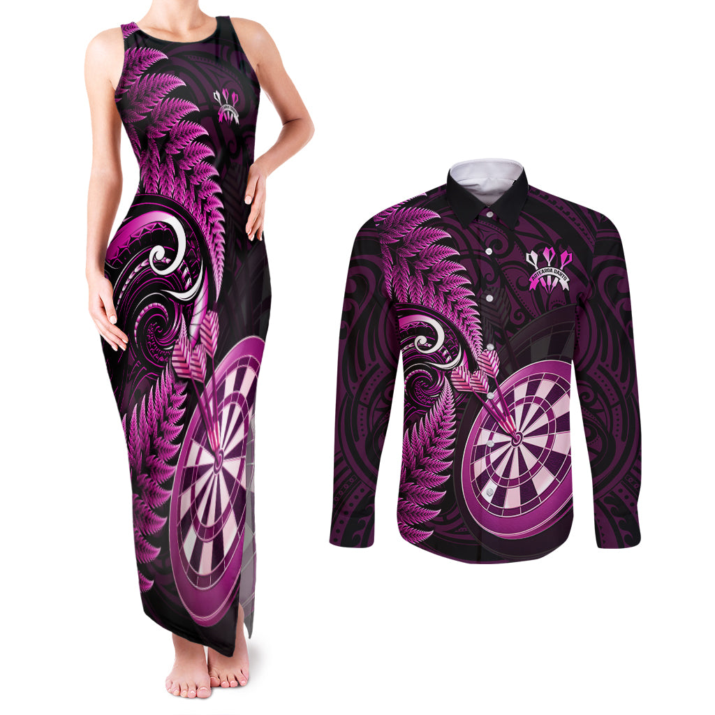 Personalised New Zealand Darts Couples Matching Tank Maxi Dress and Long Sleeve Button Shirts Happiness Is A Tight Threesome Maori Pink LT14 Pink - Polynesian Pride