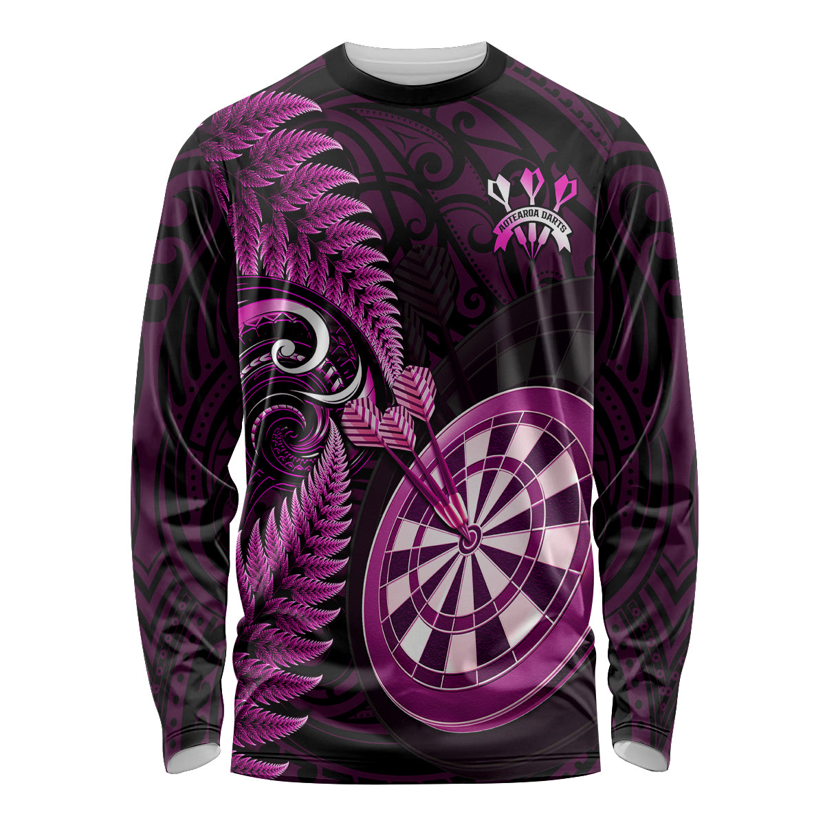 Personalised New Zealand Darts Long Sleeve Shirt Happiness Is A Tight Threesome Maori Pink LT14 Unisex Pink - Polynesian Pride