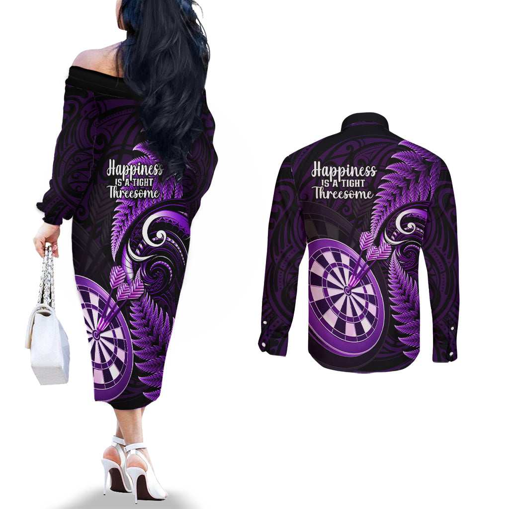 New Zealand Darts Couples Matching Off The Shoulder Long Sleeve Dress and Long Sleeve Button Shirts Happiness Is A Tight Threesome Maori Purple LT14 - Polynesian Pride