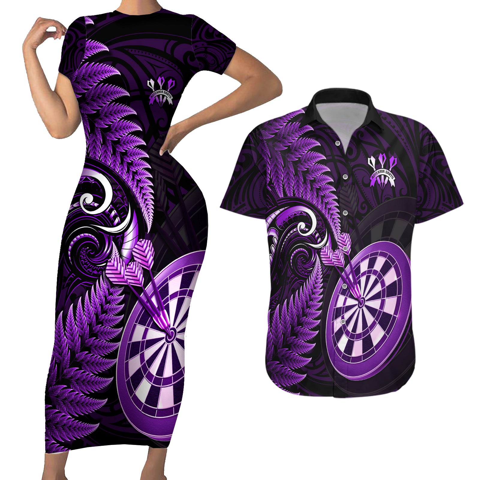 New Zealand Darts Couples Matching Short Sleeve Bodycon Dress and Hawaiian Shirt Happiness Is A Tight Threesome Maori Purple LT14 Purple - Polynesian Pride