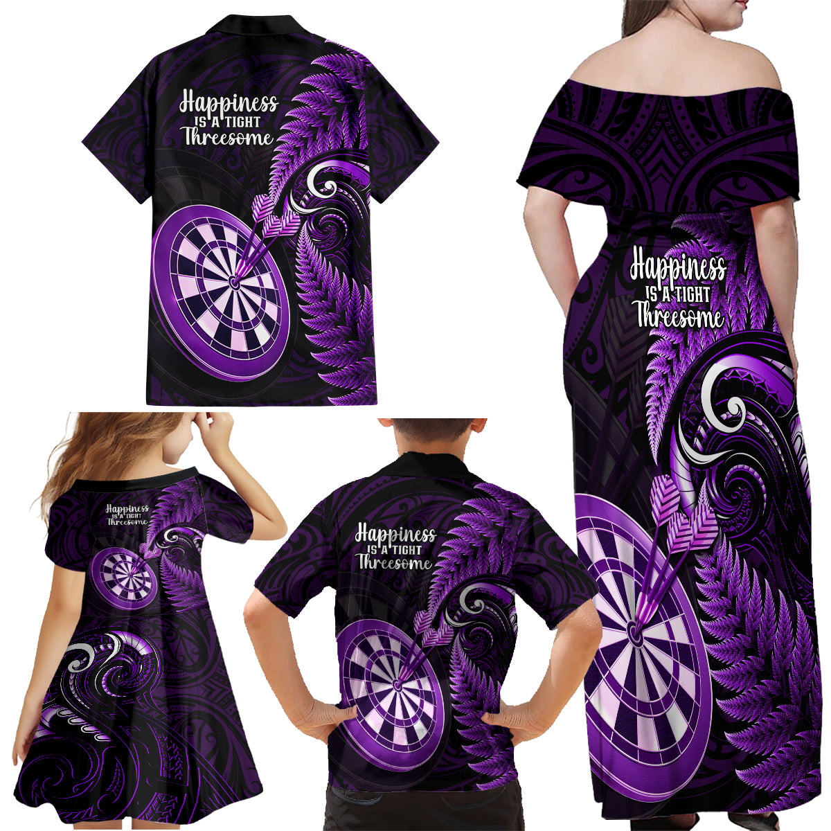 New Zealand Darts Family Matching Off Shoulder Long Sleeve Dress and Hawaiian Shirt Happiness Is A Tight Threesome Maori Purple LT14 - Polynesian Pride