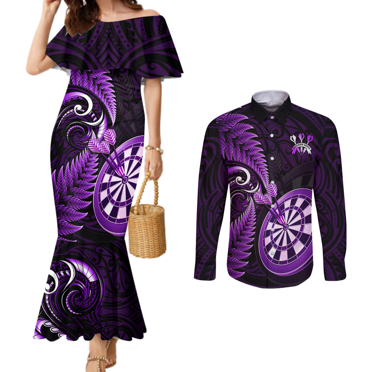 Personalised New Zealand Darts Couples Matching Mermaid Dress and Long Sleeve Button Shirts Happiness Is A Tight Threesome Maori Purple LT14 Purple - Polynesian Pride