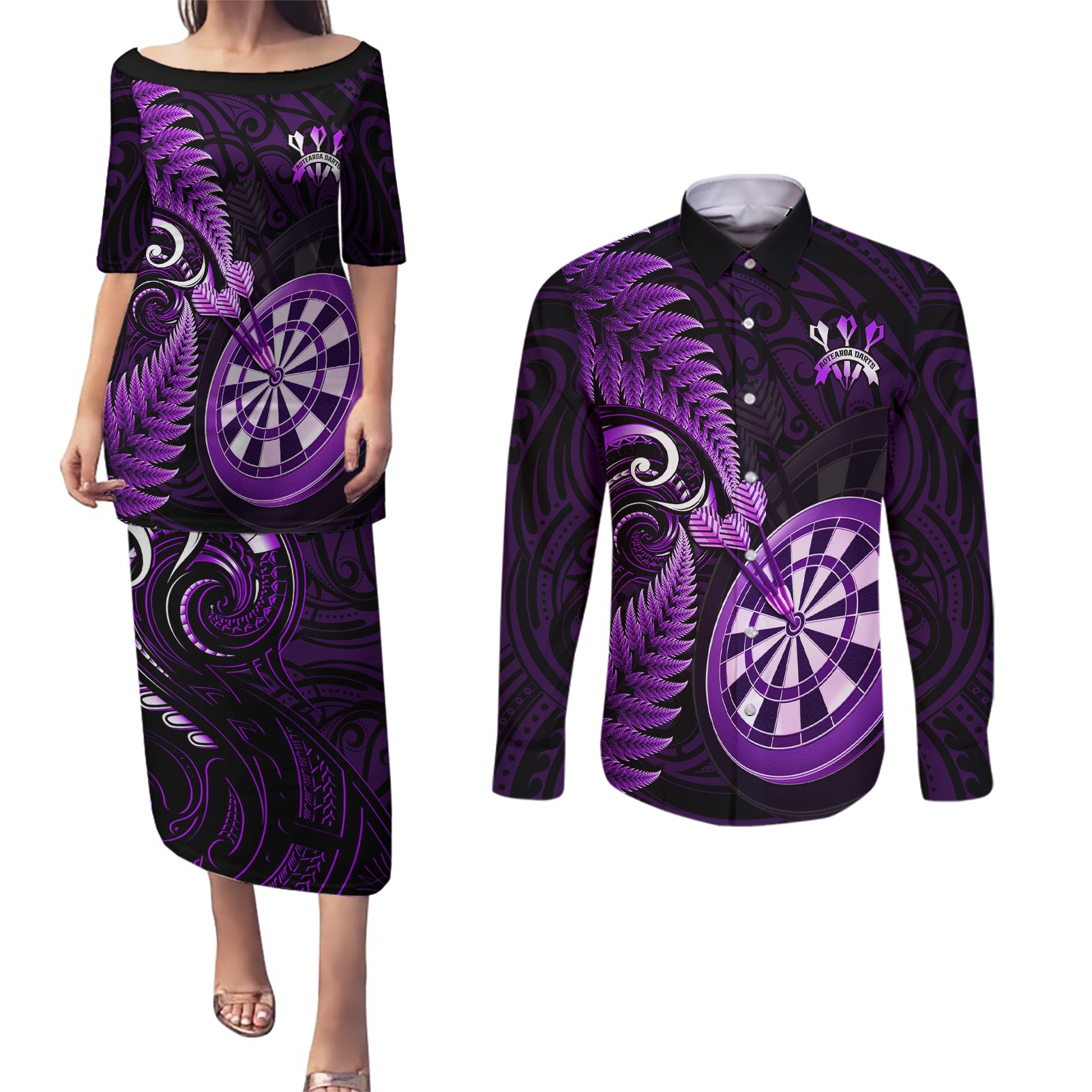 Personalised New Zealand Darts Couples Matching Puletasi Dress and Long Sleeve Button Shirts Happiness Is A Tight Threesome Maori Purple LT14 Purple - Polynesian Pride