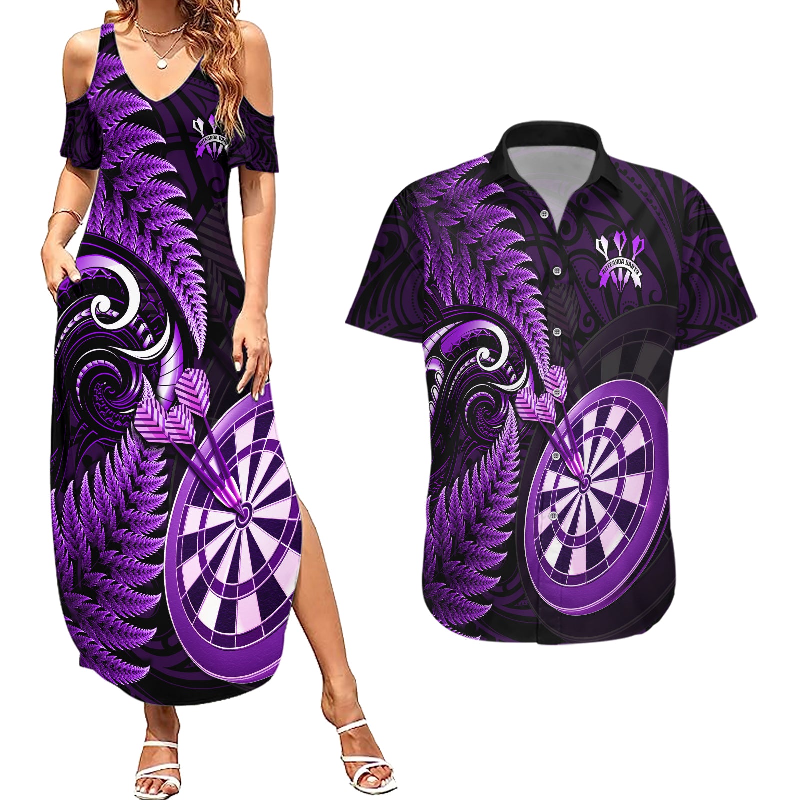 Personalised New Zealand Darts Couples Matching Summer Maxi Dress and Hawaiian Shirt Happiness Is A Tight Threesome Maori Purple LT14 Purple - Polynesian Pride