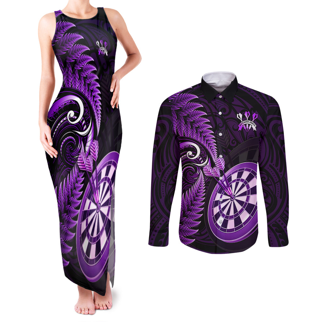 Personalised New Zealand Darts Couples Matching Tank Maxi Dress and Long Sleeve Button Shirts Happiness Is A Tight Threesome Maori Purple LT14 Purple - Polynesian Pride