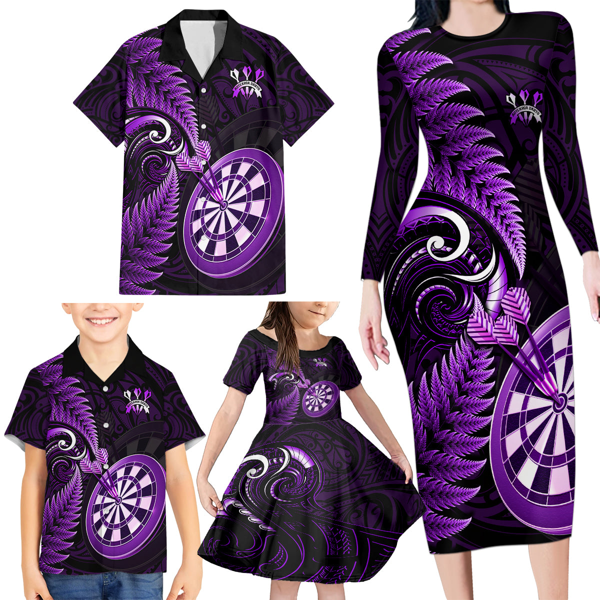 Personalised New Zealand Darts Family Matching Long Sleeve Bodycon Dress and Hawaiian Shirt Happiness Is A Tight Threesome Maori Purple LT14 - Polynesian Pride