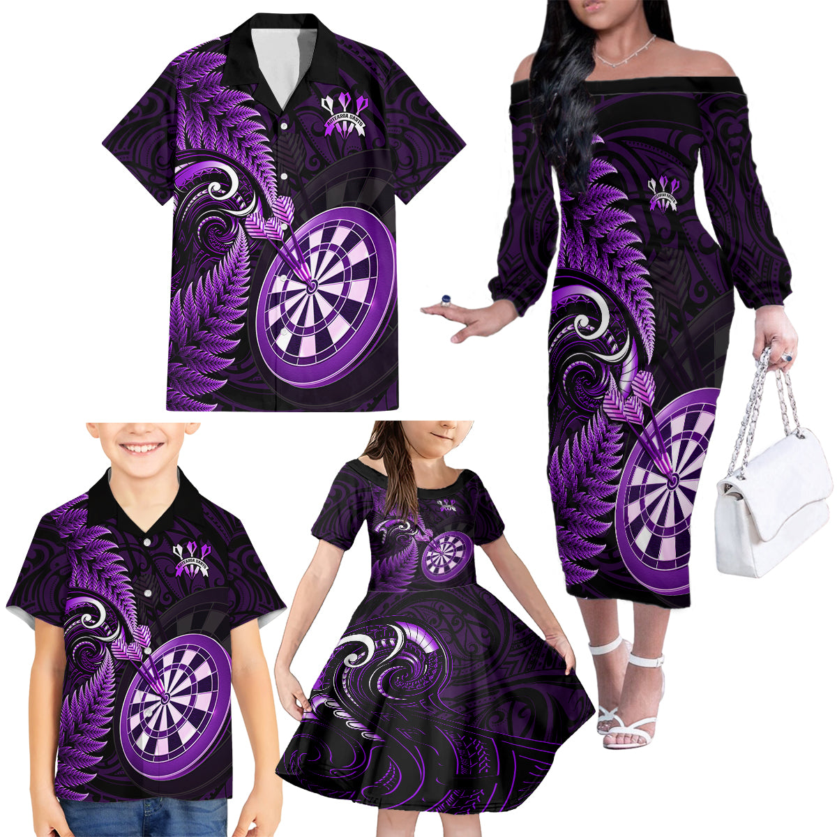 Personalised New Zealand Darts Family Matching Off Shoulder Long Sleeve Dress and Hawaiian Shirt Happiness Is A Tight Threesome Maori Purple LT14 - Polynesian Pride