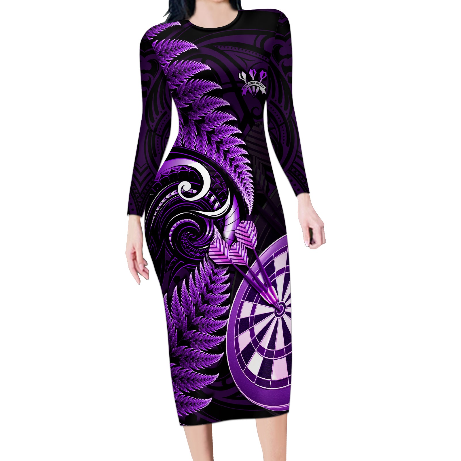 Personalised New Zealand Darts Long Sleeve Bodycon Dress Happiness Is A Tight Threesome Maori Purple LT14 Long Dress Purple - Polynesian Pride