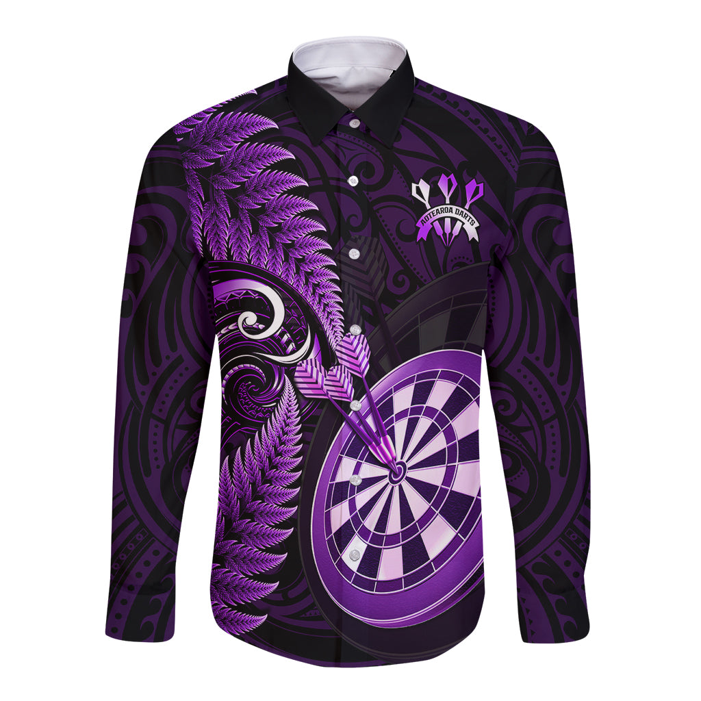 Personalised New Zealand Darts Long Sleeve Button Shirt Happiness Is A Tight Threesome Maori Purple LT14 Unisex Purple - Polynesian Pride