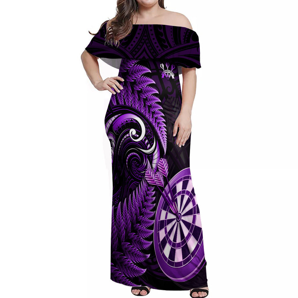 Personalised New Zealand Darts Off Shoulder Maxi Dress Happiness Is A Tight Threesome Maori Purple LT14 Women Purple - Polynesian Pride