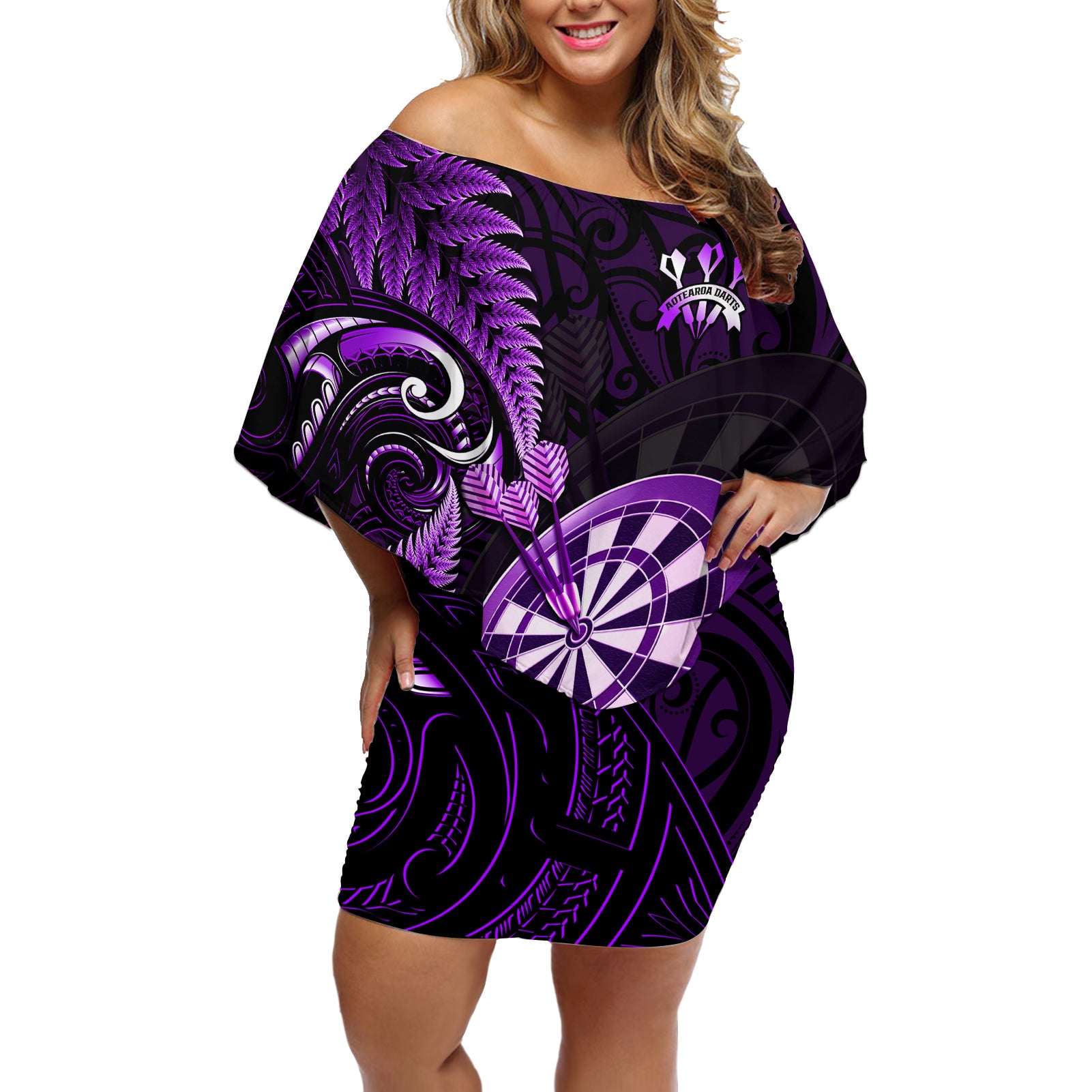 Personalised New Zealand Darts Off Shoulder Short Dress Happiness Is A Tight Threesome Maori Purple LT14 Women Purple - Polynesian Pride