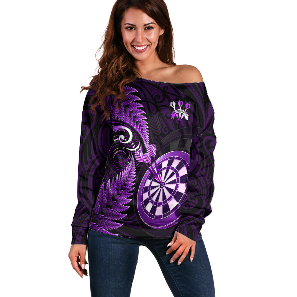 Personalised New Zealand Darts Off Shoulder Sweater Happiness Is A Tight Threesome Maori Purple LT14 Women Purple - Polynesian Pride