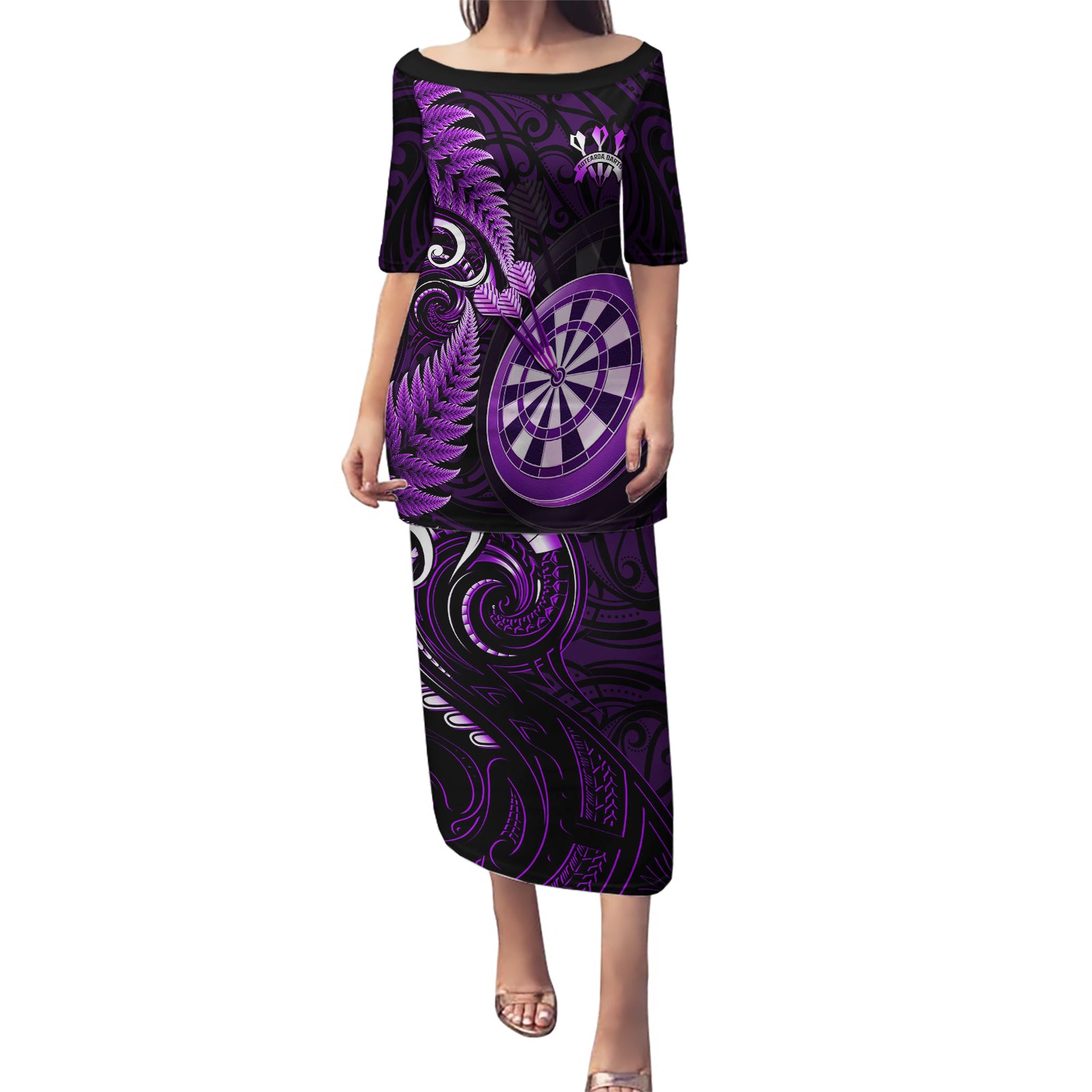 Personalised New Zealand Darts Puletasi Happiness Is A Tight Threesome Maori Purple LT14 Long Dress Purple - Polynesian Pride