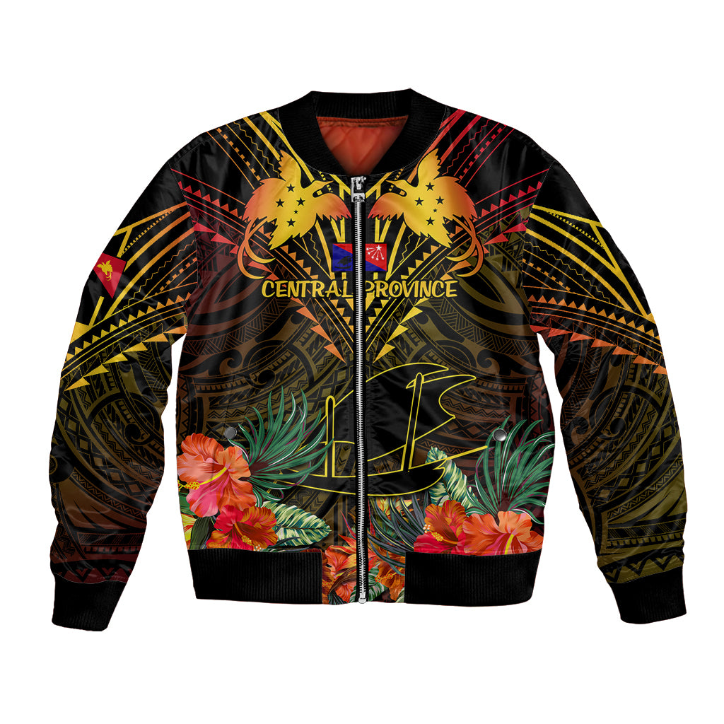 Papua New Guinea Central Province Bomber Jacket Papua Niugini Coat Of Arms With Flag Style LT14 Unisex Black - Polynesian Pride